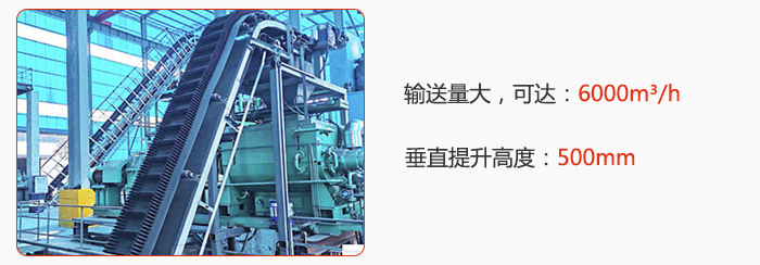 大傾角帶式輸送機輸送量大，可達：6000m3/h，垂直提升高度：500mm